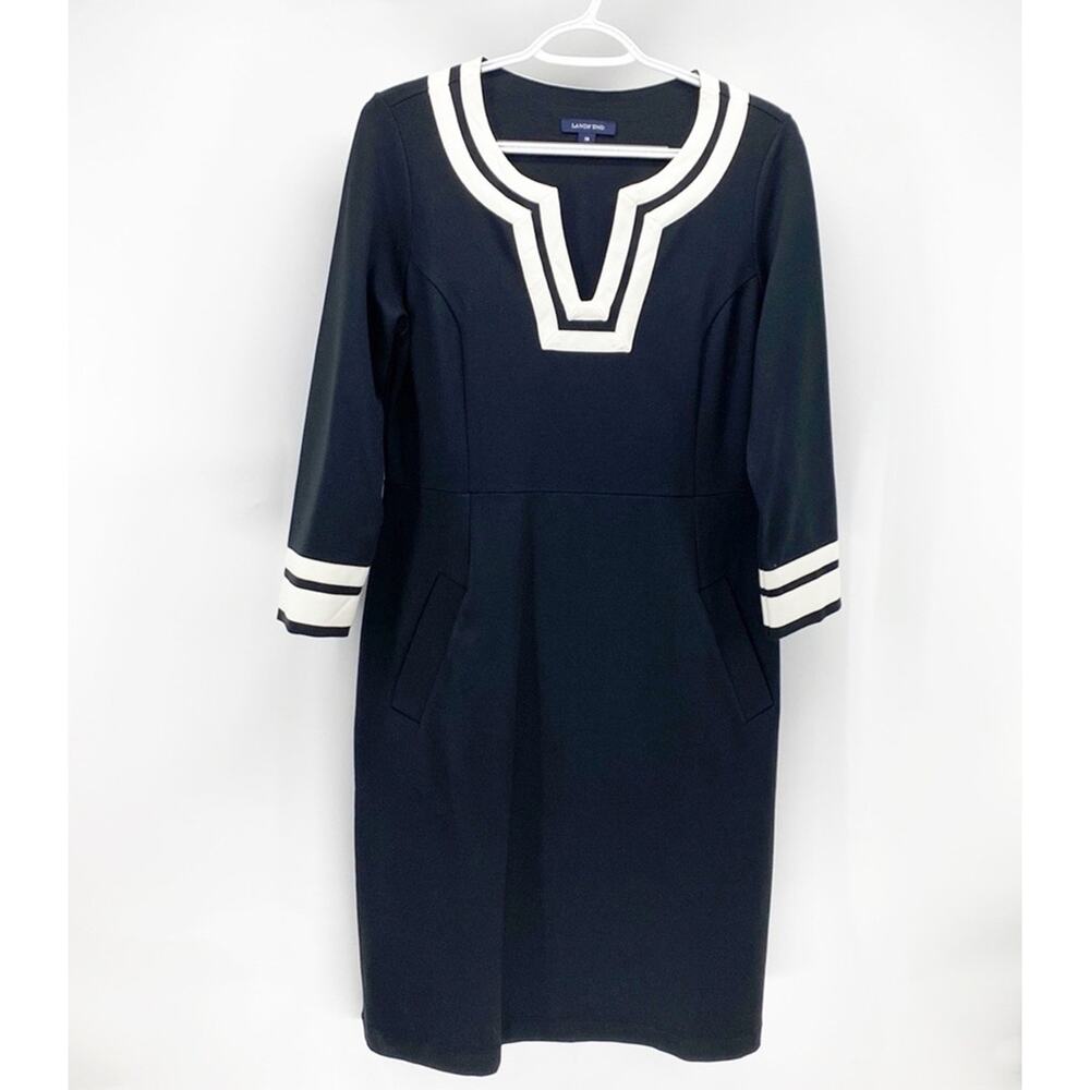 Lands End Ponte Dress Black White trim Pockets 3/4 Sleeve classic size 10